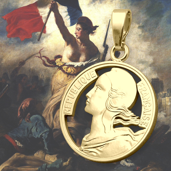 Bild vergoldeter Anhänger aus einer ausgesägten 10-Centimes Münze Frankreich Marianne