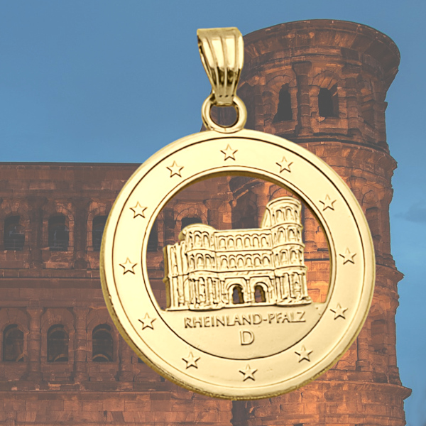 Bild vergoldeter Anhänger aus einer ausgesägten 2-Euro Münze Deutschland Porta Nigra