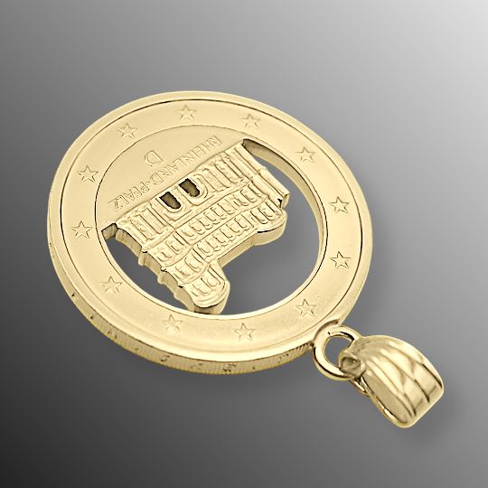 Detailbild vergoldeter Anhänger aus einer ausgesägten 2-Euro Münze Deutschland Porta Nigra
