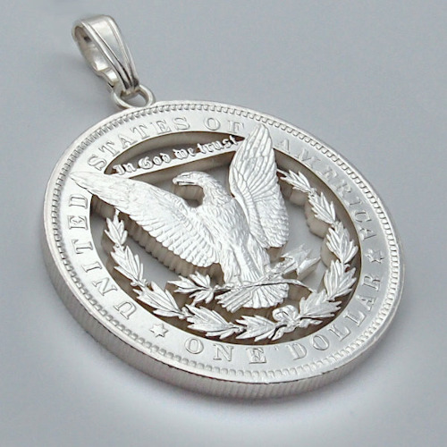 Bild Silberanhänger aus einer ausgesägten Morgan Dollar Münze USA Wappenadler