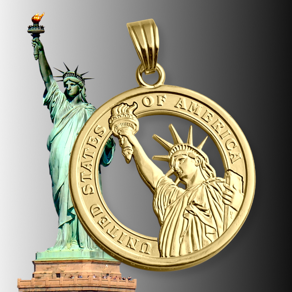 Bild vergoldeter Anhänger aus einer ausgesägten Präsidenten Dollar Münze USA Freiheitsstatue